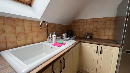 a kitchen with a large white sink in a kitchen at Apartament Zamoście in Zamość
