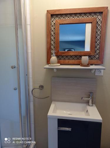 une salle de bain avec un miroir et un lavabo dans l'établissement L'étang magique, à Plénée-Jugon