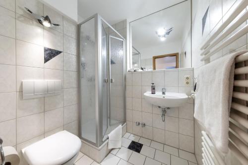 a bathroom with a shower and a toilet and a sink at Bruckmayers Gästehaus in Pottenstein