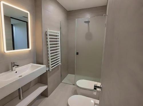 Sauze d'OulxにあるLift Hotelのトイレ、洗面台、シャワー付きのバスルーム