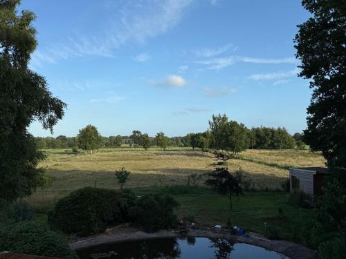 a view of a field and a pond in a yard at Küstenglück in Varel