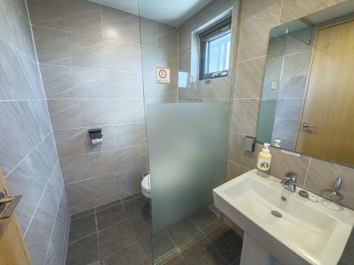 a bathroom with a sink and a toilet and a mirror at Guest House Brick in Jeju