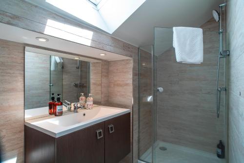 a bathroom with a sink and a shower at Le Burton - Joli T3 centre de Vannes in Vannes