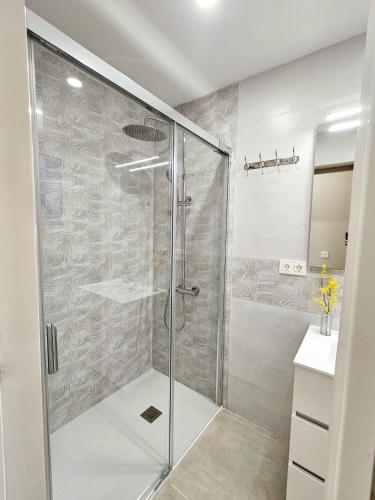 una ducha con puerta de cristal en un baño en San Blas Place, en Zaragoza