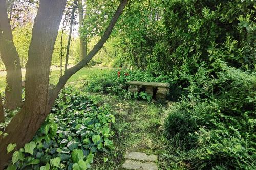 a bench sitting in the middle of a garden at B&B Due Fiumi 1908 in Travacò Siccomario