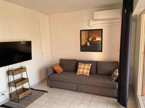 a living room with a couch and a flat screen tv at Les jonquières à Gassin, avec piscine collective, G26 in Gassin