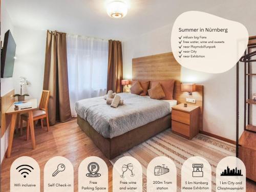 a poster of a bedroom with a bed at Falk Homes- Luxus Apartments, ideal für Geschäftsreisende & Familien - nahe Messe, im Zentrum Nürnbergs mit Balkon, Arbeitsplatz & Parkplatz, Handtücher & Bettwäsche, nähe Playmobilfunpark, self check-in in Nürnberg