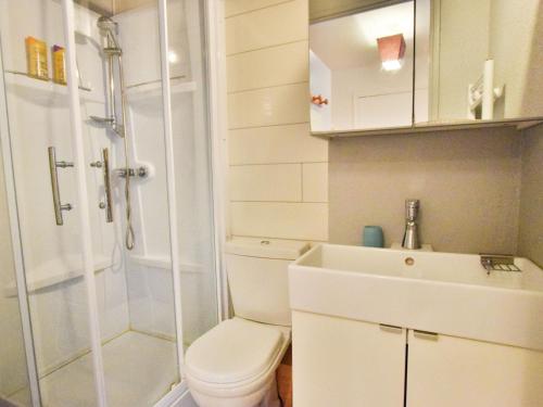 une salle de bain avec toilettes, douche et lavabo dans l'établissement Charmant T2 de 23m² à Bernex, proche pistes et randonnées, avec balcon et tout équipé - FR-1-498-34, à Bernex