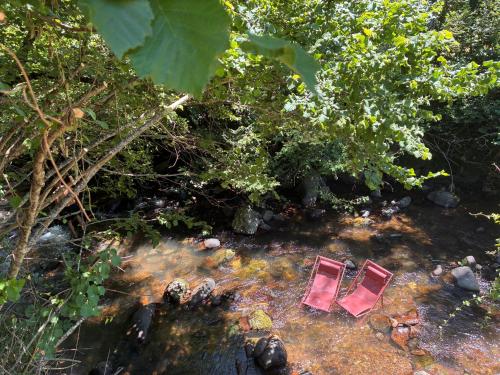 two red chairs sitting in a stream with trees at Venta de Arrieta in Saragüeta
