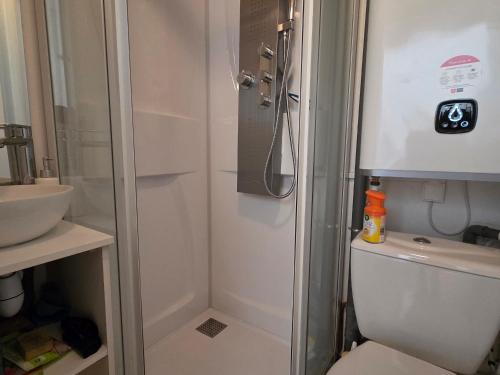 une salle de bain avec une douche, des toilettes et un lavabo dans l'établissement Maison bord de mer, 4 couchages, terrasse privée, à 50m de la plage ! - FR-1-364-104, à Saint-Brévin-les-Pins