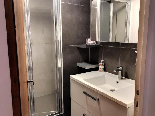 a bathroom with a sink and a shower at Maison 3* proche plage, forêt et pistes cyclables avec jardin, barbecue et WIFI - FR-1-652-12 in Saint-Jean-de-Monts