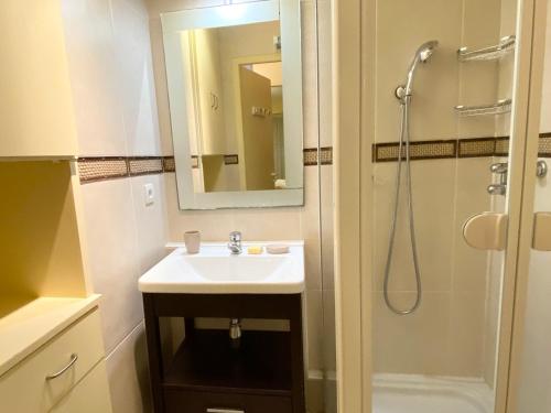 une salle de bain avec un lavabo et une douche dans l'établissement Appartement 2 pièces avec mezzanine chez plage, centre-ville et garage privé - FR-1-92-704, à Les Sables-dʼOlonne