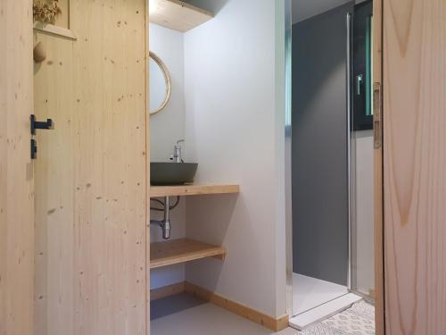 une petite salle de bain avec un lavabo et un miroir dans l'établissement Chalet Neuf à Morzine : 4 pers, 75m², Terrasse, Proche Centre, Wifi, Parking - FR-1-524-113, à Morzine