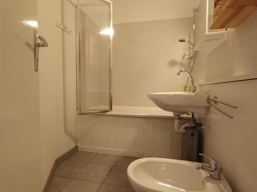 une salle de bain blanche avec un lavabo et des toilettes dans l'établissement Appartement proche pistes et commerces, 6 pers, vue montagnes, animaux admis, parking - FR-1-445-86, à Montgenèvre