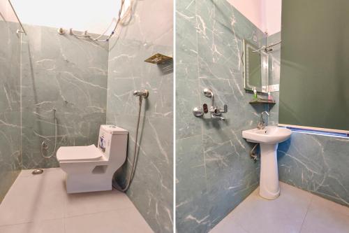 two pictures of a bathroom with a toilet and a sink at FabHotel Silver Stay 04 - Ahinsa circle in Jaipur