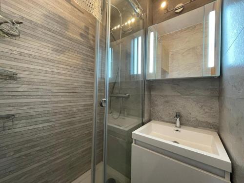une salle de bain avec un lavabo et une douche dans l'établissement Appartement cosy 6 pers, 50m², proche pistes, 2 SDB, cuisine équipée, calme, non-fumeurs - FR-1-733-120, à Crest-Voland