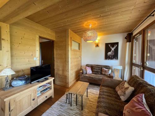 un salon avec un canapé et une télévision dans l'établissement Appartement cosy 6 pers, 50m², proche pistes, 2 SDB, cuisine équipée, calme, non-fumeurs - FR-1-733-120, à Crest-Voland