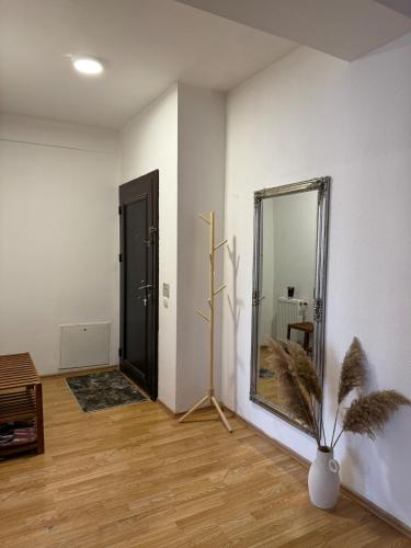 a room with a mirror and a vase with a plant at Cozy Central Apartment in Gjakove