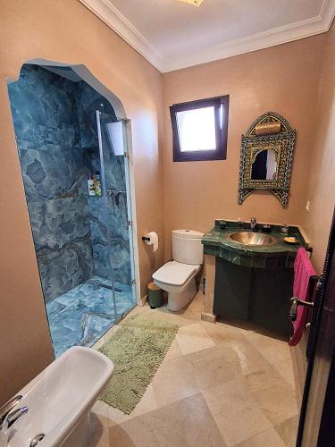 a bathroom with a shower and a toilet and a sink at L'ECRIN de la PALMERAIE in Dar Caïd Layadi