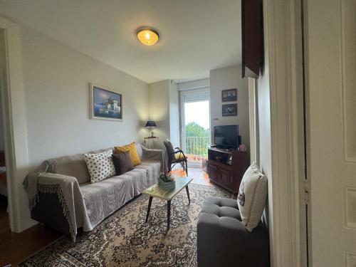 a living room with a couch and a tv at Casa da Avó Quina - Seixas in Coura