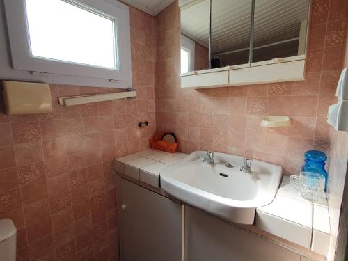 une salle de bain avec un lavabo et un miroir dans l'établissement Charmant Studio à La Faute-sur-Mer, proche plages et commerces, idéal pour 2 pers. - FR-1-476-210, à La Faute-sur-Mer