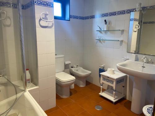 ein Badezimmer mit Toilette, Waschbecken und Dusche in der Unterkunft DUPLEX SAN VICENTE do MAR in O Grove