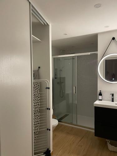 a bathroom with a shower and a toilet and a sink at Appartement indépendant refait a neuf avec jacuzzi et terrasse privative proximité gare in Viarmes