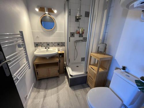 une petite salle de bain avec un lavabo et une douche dans l'établissement Studio charmant proche plage avec animaux admis - FR-1-324A-66, à Saint-Hilaire-de-Riez