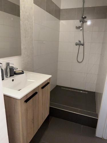 a bathroom with a sink and a shower at Studio Charmant&calme in Knokke-Heist