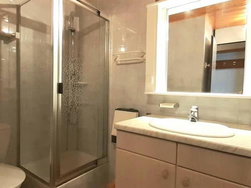 une salle de bain avec une douche, un lavabo et un miroir dans l'établissement Studio cabine ski aux pieds, 4 pers, animaux admis, parking - FR-1-351-223, à La Plagne Tarentaise