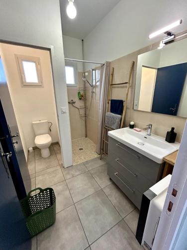 a bathroom with a sink and a toilet and a shower at Parenthèse à la Maison de Gilda in Eygalières