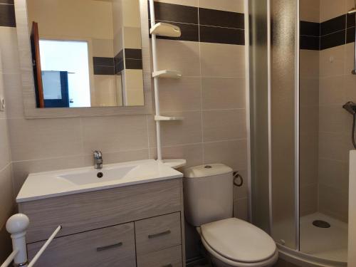 une salle de bain avec toilettes, lavabo et douche dans l'établissement Appartement 2 pièces, 4 pers, proche plage et commerces, parking, animaux admis - FR-1-776-115, à Argelès-sur-Mer