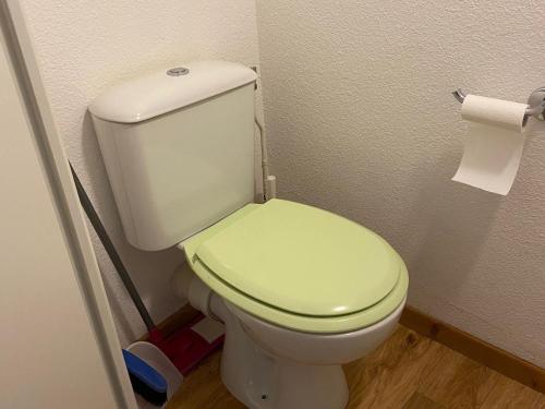 La salle de bains est pourvue de toilettes blanches et d'un couvercle vert. dans l'établissement Duplex calme avec piscine et balcon près de Super-Besse - FR-1-814-40, à Besse-et-Saint-Anastaise