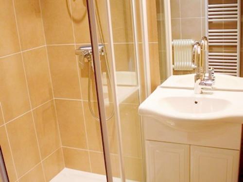 une salle de bain avec douche et lavabo dans l'établissement Appartement 4 pers près centre et pistes, navette, parking, lave-vaisselle - FR-1-814-74, à Besse-et-Saint-Anastaise