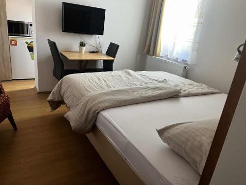 a bedroom with a bed and a table with a television at Penzion V Zatáčce in Plzeň
