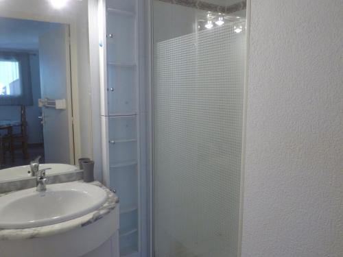 une salle de bain avec un lavabo et une douche en verre dans l'établissement Appartement pour 4 avec piscine et parking aux Saintes-Maries-de-la-Mer - FR-1-475-201, à Saintes-Maries-de-la-Mer