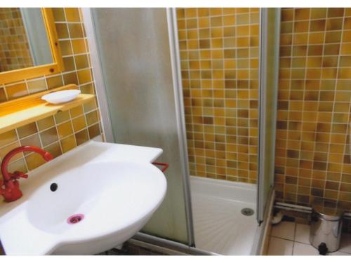 une salle de bain avec un lavabo et une douche dans l'établissement Chalet typique proche centre station avec parking privé - FR-1-814-104, à Besse-et-Saint-Anastaise