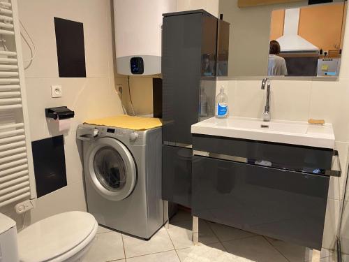 a bathroom with a washing machine and a sink at Studio rénové avec loggia et parking privatif - FR-1-553-306 in Balaruc-les-Bains