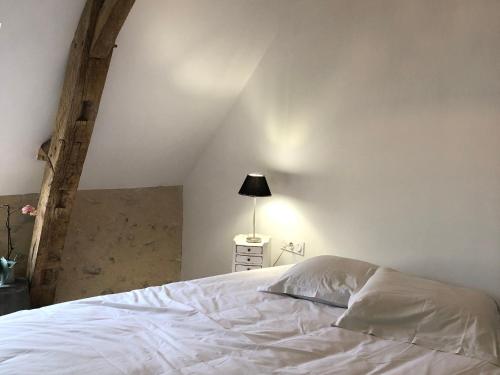 a bedroom with a white bed and a lamp at Maison d'hôtes près de La Flèche, adaptée PMR, animaux admis, petit-déjeuner inclus - FR-1-410-475 in Cré-sur-Loir