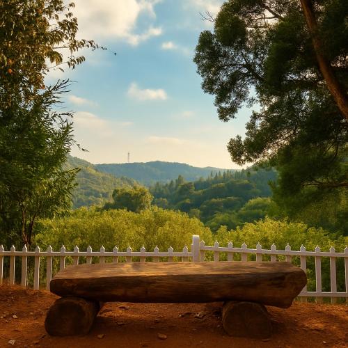 a wooden bench sitting in front of a white fence at Amber by The Tamarillo in Ooty