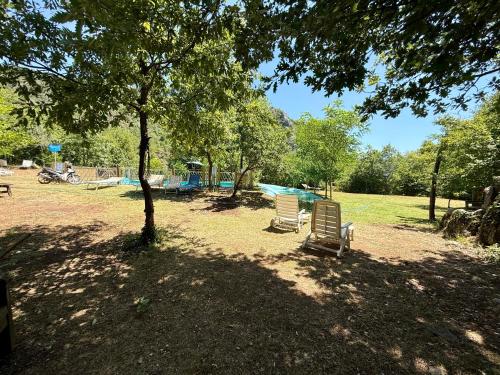 two chairs sitting under a tree in a park at Baven -Toven Naturae in Rubik
