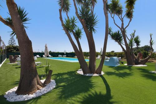 a group of palm trees in a yard with a pool at Quinta Alegre Tavira Moderno T2 in Luz de Tavira