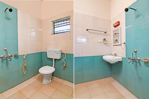 two pictures of a bathroom with a toilet and a sink at FabHotel Anxx - Near Railway Station & Raj Mahal Square in Bhubaneshwar