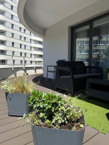 Posezení v ubytování Sun Towers EXspanse apartament 3 pokoje z parkingiem i tarasem