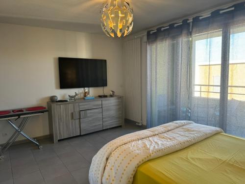 une chambre avec un lit et une télévision à écran plat dans l'établissement Appartement Aix en Provence - la Duranne Piscine Parking Privé Dernier Etage, à Aix-en-Provence