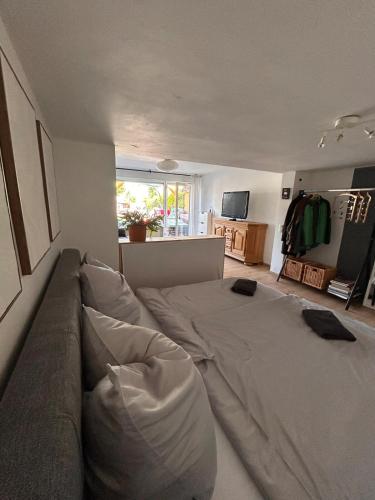 a large bed in a room with a couch at Seenahe Wohnung mit Gemeinschaftsgarten und -pool in Essen