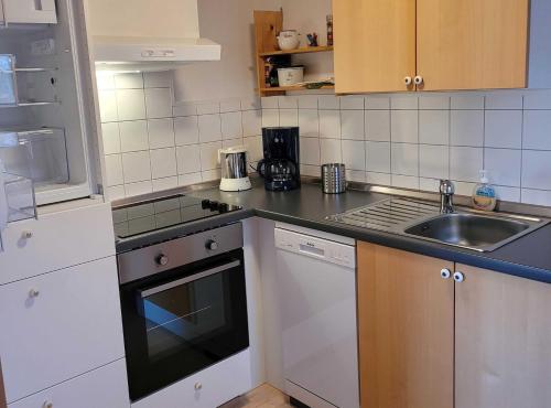 a small kitchen with a sink and a stove at Apartment i haven in Steinbergkirche