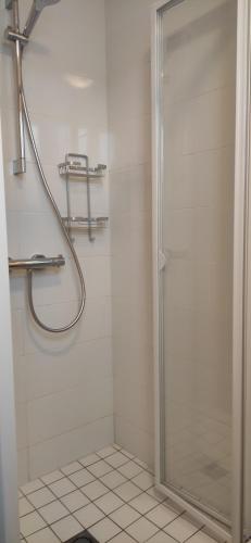 ノワールムーティエにあるAppartement Herbaudiereの浴室のガラス扉付きシャワー