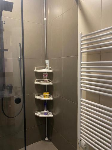 a bathroom with a shower and three shelves at Main apartment Rezidenca in Tirane