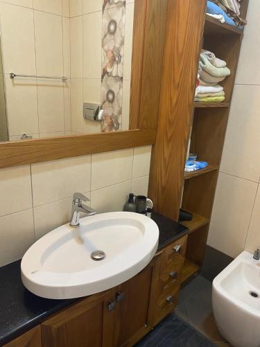 a bathroom with a sink and a mirror at Main apartment Rezidenca in Tirane